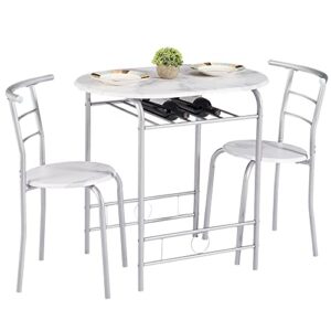 vecelo 3 piece small round dining table set for kitchen breakfast nook, wood grain tabletop with wine storage rack, save space, 31.5", white & silver