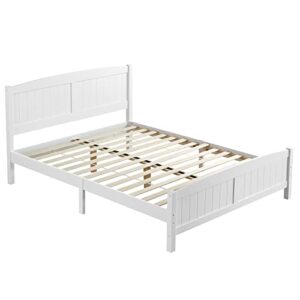 nycsuoani Queen Bed Frame No Box Spring Needed Queen Size Single-Layer Core Vertical Stripe Full-Board Curved Headboard with The Same Bed Tail Wooden Bed 82.6 x 62.8 x 37.8 in. White