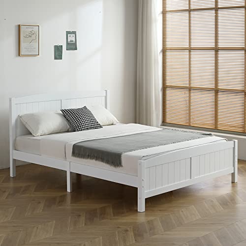 nycsuoani Queen Bed Frame No Box Spring Needed Queen Size Single-Layer Core Vertical Stripe Full-Board Curved Headboard with The Same Bed Tail Wooden Bed 82.6 x 62.8 x 37.8 in. White