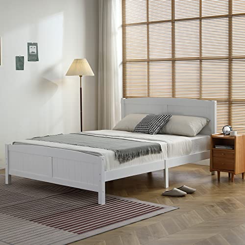 nycsuoani Queen Bed Frame No Box Spring Needed Queen Size Single-Layer Core Vertical Stripe Full-Board Curved Headboard with The Same Bed Tail Wooden Bed 82.6 x 62.8 x 37.8 in. White