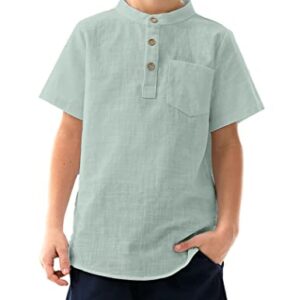 Arshiner Boys Cotton Linen Henley Button Down Shirt Short Sleeve Casual Dress Beach T Shirts with Pocket Light Green