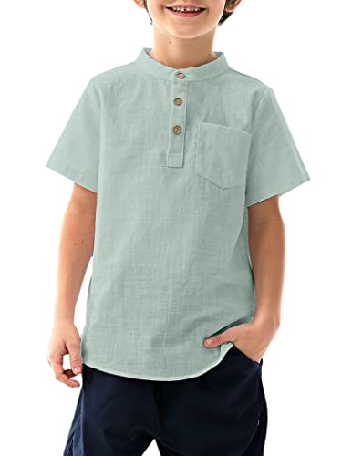 Arshiner Boys Cotton Linen Henley Button Down Shirt Short Sleeve Casual Dress Beach T Shirts with Pocket Light Green