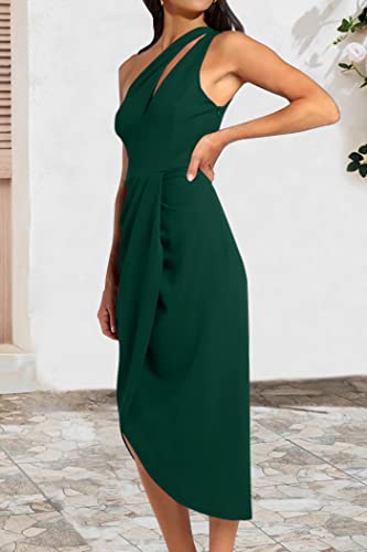 PRETTYGARDEN Women's One Shoulder Ruched Bodycon Dress 2023 Summer Cutout Slit Wrap Party Cocktail Midi Dresses (Green,Large)