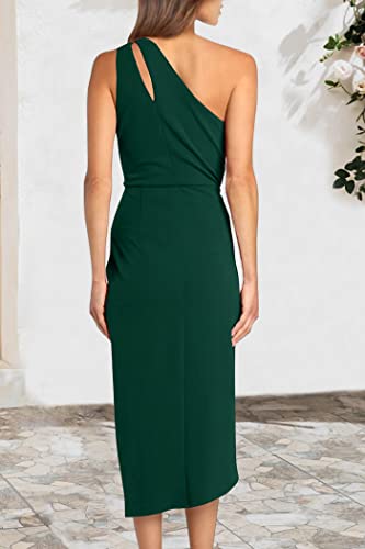 PRETTYGARDEN Women's One Shoulder Ruched Bodycon Dress 2023 Summer Cutout Slit Wrap Party Cocktail Midi Dresses (Green,Large)