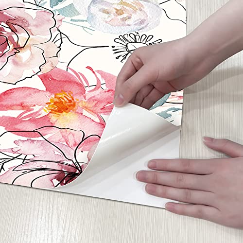 JiffDiff Floral Wallpaper Peel and Stick Wallpaper Pink Peony Wallpaper Nursery Wallpaper Wall Mural Stick on Wallpaper (White 17.3"x 118")