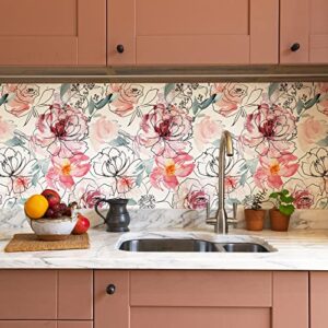 JiffDiff Floral Wallpaper Peel and Stick Wallpaper Pink Peony Wallpaper Nursery Wallpaper Wall Mural Stick on Wallpaper (White 17.3"x 118")