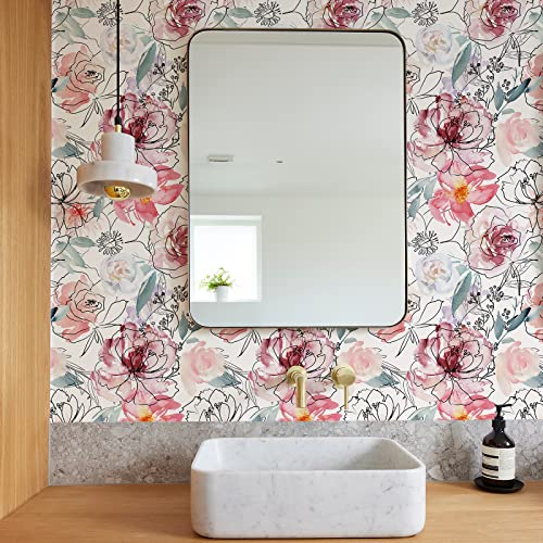 JiffDiff Floral Wallpaper Peel and Stick Wallpaper Pink Peony Wallpaper Nursery Wallpaper Wall Mural Stick on Wallpaper (White 17.3"x 118")