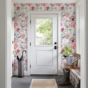 JiffDiff Floral Wallpaper Peel and Stick Wallpaper Pink Peony Wallpaper Nursery Wallpaper Wall Mural Stick on Wallpaper (White 17.3"x 118")