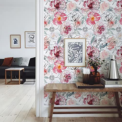 JiffDiff Floral Wallpaper Peel and Stick Wallpaper Pink Peony Wallpaper Nursery Wallpaper Wall Mural Stick on Wallpaper (White 17.3"x 118")