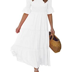 LILLUSORY Womens Summer Dresses Graduation Bridal Shower Flowy Smocked Ruffle Boho Modest 2023 Long Sundresses Trendy Casual Sun Dress with Sleeves White