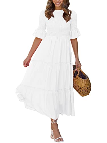 LILLUSORY Womens Summer Dresses Graduation Bridal Shower Flowy Smocked Ruffle Boho Modest 2023 Long Sundresses Trendy Casual Sun Dress with Sleeves White