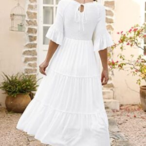 LILLUSORY Womens Summer Dresses Graduation Bridal Shower Flowy Smocked Ruffle Boho Modest 2023 Long Sundresses Trendy Casual Sun Dress with Sleeves White