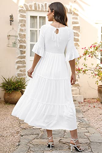 LILLUSORY Womens Summer Dresses Graduation Bridal Shower Flowy Smocked Ruffle Boho Modest 2023 Long Sundresses Trendy Casual Sun Dress with Sleeves White