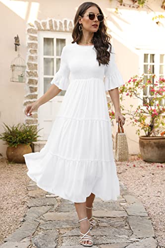 LILLUSORY Womens Summer Dresses Graduation Bridal Shower Flowy Smocked Ruffle Boho Modest 2023 Long Sundresses Trendy Casual Sun Dress with Sleeves White