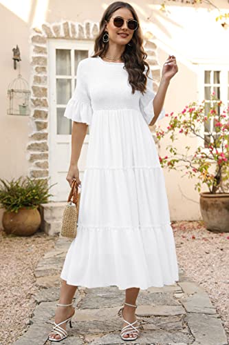 LILLUSORY Womens Summer Dresses Graduation Bridal Shower Flowy Smocked Ruffle Boho Modest 2023 Long Sundresses Trendy Casual Sun Dress with Sleeves White