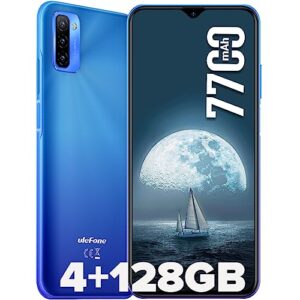 ulefone note 12 unlocked cell phone, 4g unlocked smartphone, 6.82” ultra-large screen with slim structure, 7700mah battery, 4+128gb, 3-card slot, face unlock/fingerprint recognition, blue