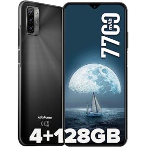 ulefone note 12 unlocked cell phone, 4g unlocked smartphone, 6.82” ultra-large screen with slim structure, 7700mah battery, 4+128gb, 3-card slot, face unlock/fingerprint recognition, black