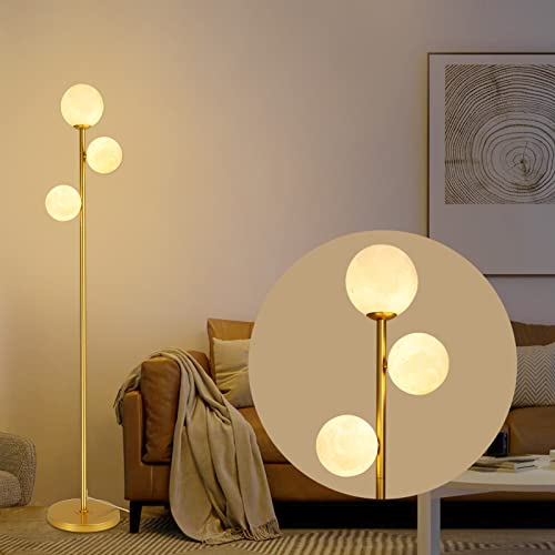 3 Globe Moon Floor Lamp for Living Room, Modern Gold Floor Lamp with 3D Printing Frosted Shade and LED Bulb, Mid Century Standing Lamp, 67" Metal Tall Pole Lamp for Bedroom Girls Room, Dresser, Office