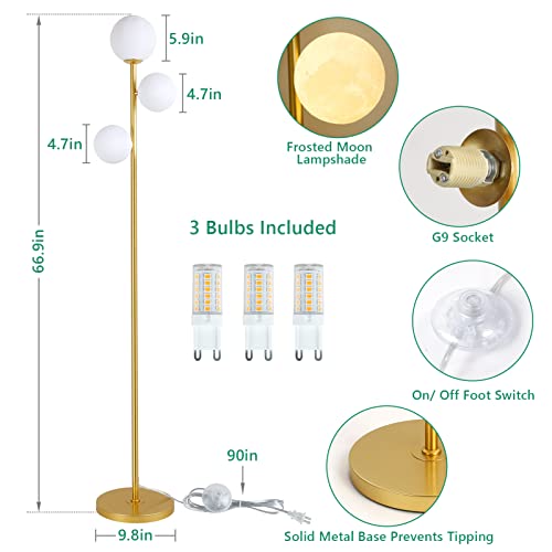 3 Globe Moon Floor Lamp for Living Room, Modern Gold Floor Lamp with 3D Printing Frosted Shade and LED Bulb, Mid Century Standing Lamp, 67" Metal Tall Pole Lamp for Bedroom Girls Room, Dresser, Office