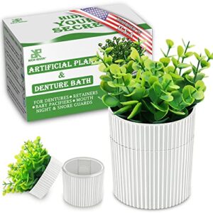 denture bath, invisible denture case designed as artificial eucalyptus potted plants, denture cup with strainer for retainer, mouth guard & dentures, perfect for home decoration…