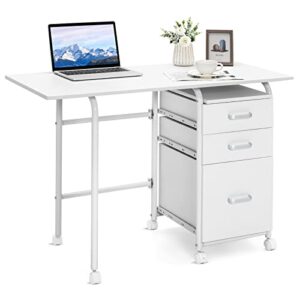 tangkula white folding desk with 3 drawers, mobile home office desk study writing desk with smooth wheels, space saving compact desk for dorm apartment, rolling couch desk table