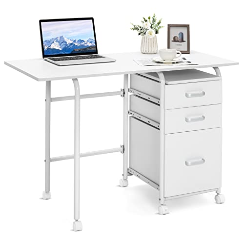 Tangkula White Folding Desk with 3 Drawers, Mobile Home Office Desk Study Writing Desk with Smooth Wheels, Space Saving Compact Desk for Dorm Apartment, Rolling Couch Desk Table