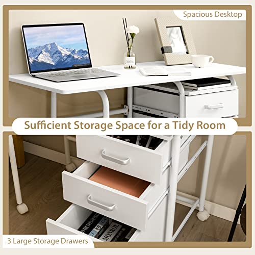 Tangkula White Folding Desk with 3 Drawers, Mobile Home Office Desk Study Writing Desk with Smooth Wheels, Space Saving Compact Desk for Dorm Apartment, Rolling Couch Desk Table