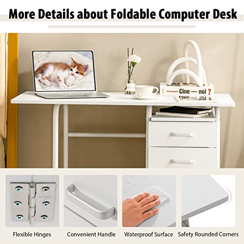 Tangkula White Folding Desk with 3 Drawers, Mobile Home Office Desk Study Writing Desk with Smooth Wheels, Space Saving Compact Desk for Dorm Apartment, Rolling Couch Desk Table