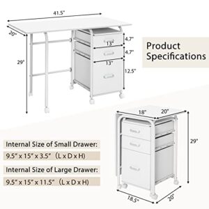 Tangkula White Folding Desk with 3 Drawers, Mobile Home Office Desk Study Writing Desk with Smooth Wheels, Space Saving Compact Desk for Dorm Apartment, Rolling Couch Desk Table