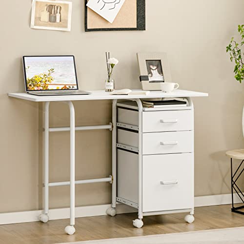 Tangkula White Folding Desk with 3 Drawers, Mobile Home Office Desk Study Writing Desk with Smooth Wheels, Space Saving Compact Desk for Dorm Apartment, Rolling Couch Desk Table