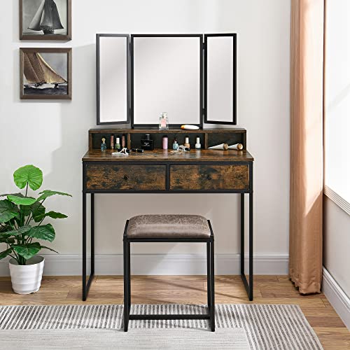 JESONVID Vanity Table with Upholstered Stool Set Makeup Dressing Table Desk with Tri-Fold Mirror 2 Drawers and Industrial Style Padded Stool for Bedroom Dressing Room 21304RC