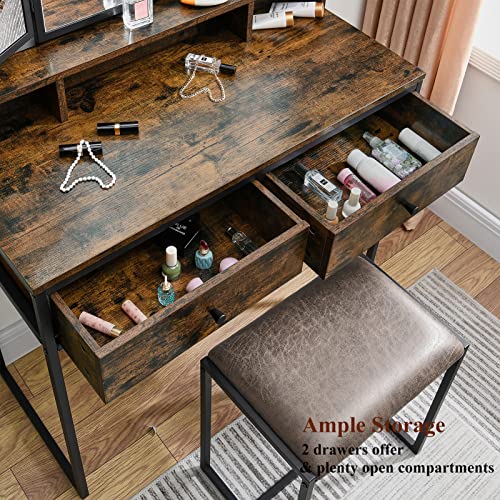 JESONVID Vanity Table with Upholstered Stool Set Makeup Dressing Table Desk with Tri-Fold Mirror 2 Drawers and Industrial Style Padded Stool for Bedroom Dressing Room 21304RC