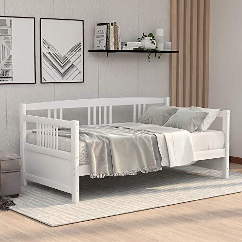 Wooden Daybed Frame Twin Size, Multifunctional Full Wooden Slats Support Sofa Bed, for Bedroom Living Room for Kids Adults, White