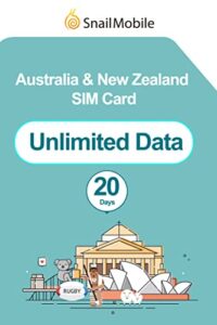 snailmobile australia&new zealand travel sim card - unlimited internet data for 20 days, triple cut 3 in 1 sim card - standard micro nano