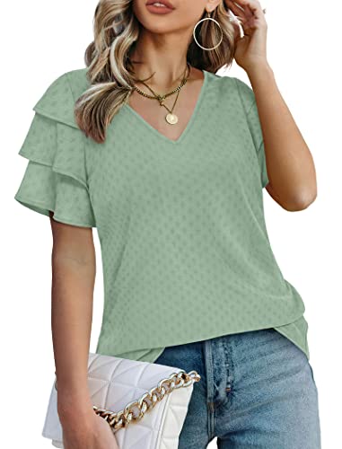 Blouses for Women Fashion 2023 Ruffle Sleeve Business Casual Tops Light Green XL