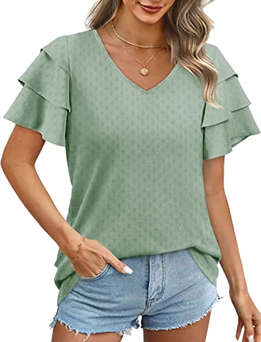 Blouses for Women Fashion 2023 Ruffle Sleeve Business Casual Tops Light Green XL