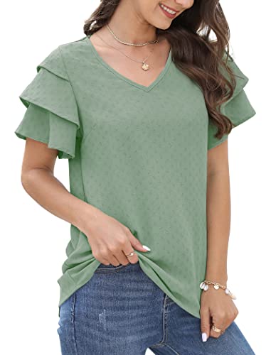 Blouses for Women Fashion 2023 Ruffle Sleeve Business Casual Tops Light Green XL