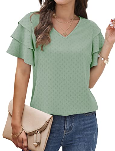 Blouses for Women Fashion 2023 Ruffle Sleeve Business Casual Tops Light Green XL