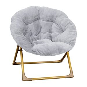 flash furniture gwen oversize folding saucer chair - gray faux fur moon chair - soft gold metal frame - 23" portable folding chair - for dorm and bedroom