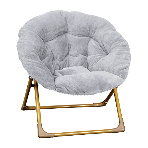 Flash Furniture Gwen Oversize Folding Saucer Chair - Gray Faux Fur Moon Chair - Soft Gold Metal Frame - 23" Portable Folding Chair - For Dorm and Bedroom