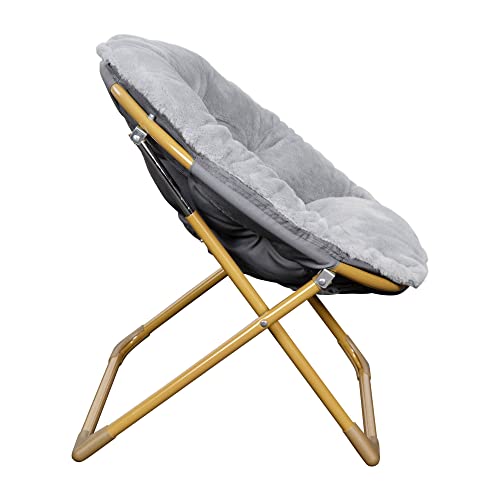 Flash Furniture Gwen Oversize Folding Saucer Chair - Gray Faux Fur Moon Chair - Soft Gold Metal Frame - 23" Portable Folding Chair - For Dorm and Bedroom