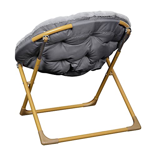 Flash Furniture Gwen Oversize Folding Saucer Chair - Gray Faux Fur Moon Chair - Soft Gold Metal Frame - 23" Portable Folding Chair - For Dorm and Bedroom