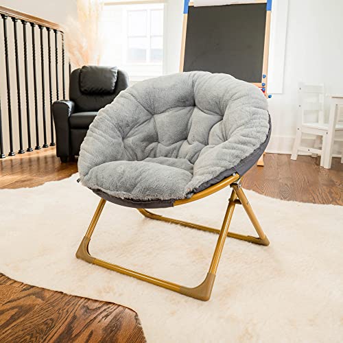 Flash Furniture Gwen Oversize Folding Saucer Chair - Gray Faux Fur Moon Chair - Soft Gold Metal Frame - 23" Portable Folding Chair - For Dorm and Bedroom