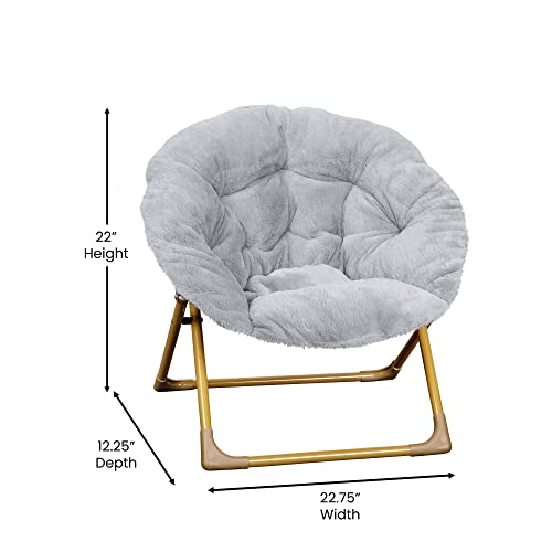 Flash Furniture Gwen Oversize Folding Saucer Chair - Gray Faux Fur Moon Chair - Soft Gold Metal Frame - 23" Portable Folding Chair - For Dorm and Bedroom