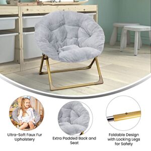 Flash Furniture Gwen Oversize Folding Saucer Chair - Gray Faux Fur Moon Chair - Soft Gold Metal Frame - 23" Portable Folding Chair - For Dorm and Bedroom