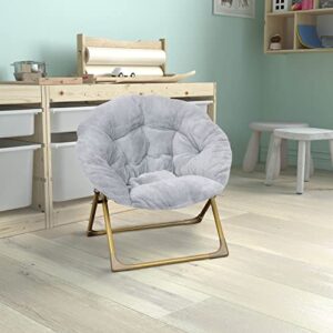 Flash Furniture Gwen Oversize Folding Saucer Chair - Gray Faux Fur Moon Chair - Soft Gold Metal Frame - 23" Portable Folding Chair - For Dorm and Bedroom