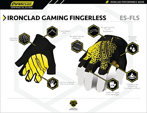 Ironclad Gaming Gloves, Half Finger Coverage, Precision Fit, Performance Silicone Grip, Moisture Wicking Construction, Yellow and Black, Small, 1 Pair