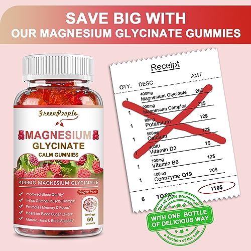 Magnesium Glycinate Gummies 400mg - Sugar Free Magnesium Potassium Supplement with Vitamin D, B6, CoQ10 for Calm Mood & Sleep Support - 60 Raspberry Gummies