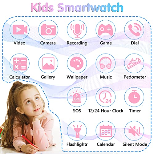 SYEEKOM Smart Watch for Kids - Kids Smart Watch Boys with 26 Games, Camera, Video Music Player Calculator Pedometer, Educational Learning Toys Toddles Game Watch 3-12 (Pink)