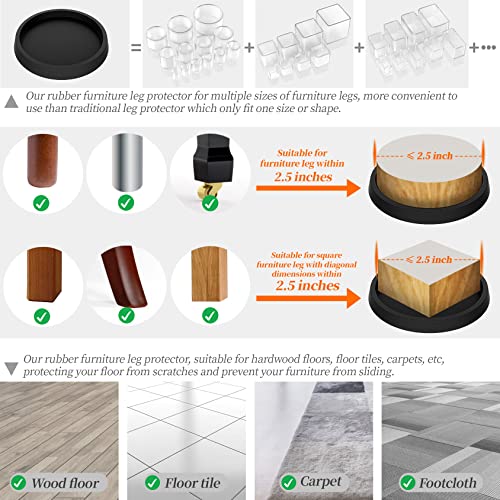 Furniture Leg Coasters 8Pcs Caster Cups 2.5”Non Slip Rubber Pads Hardwood Floors Protectors for Sofa Bed Piano Chair Leg Anti Slide Floor Protector